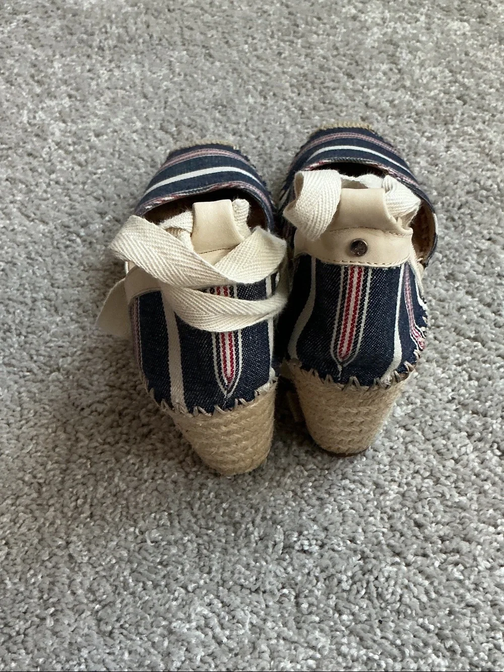 Sam Edelman Patsy Striped Canvas Espadrille Wedges with Ankle Ties - Navy Sz 9M